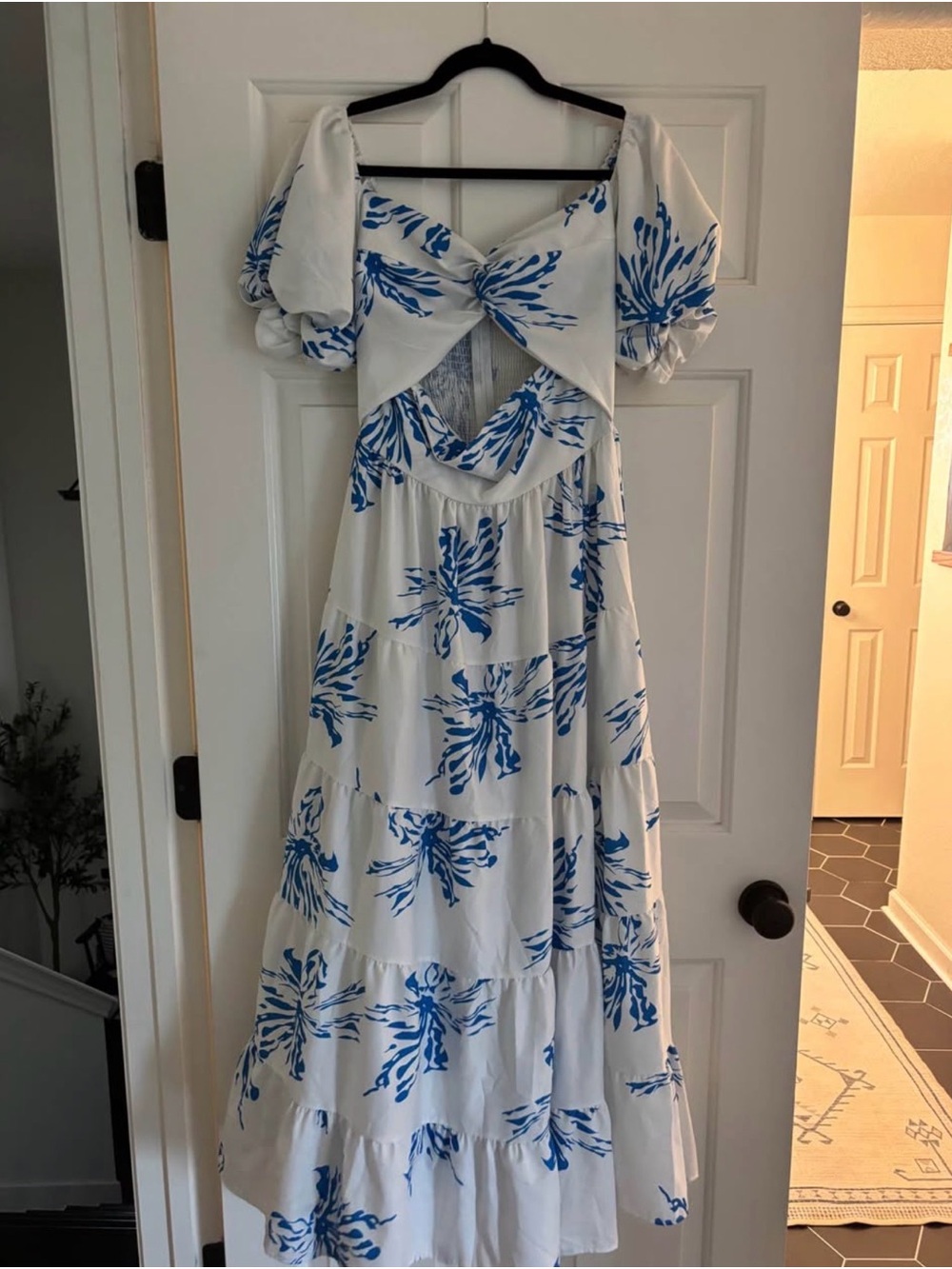 Blue & White Floral Maxi Dress with Puff Sleeves